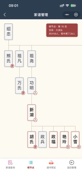 微信小程序世系图：根节点世代、支系信息与成员统计